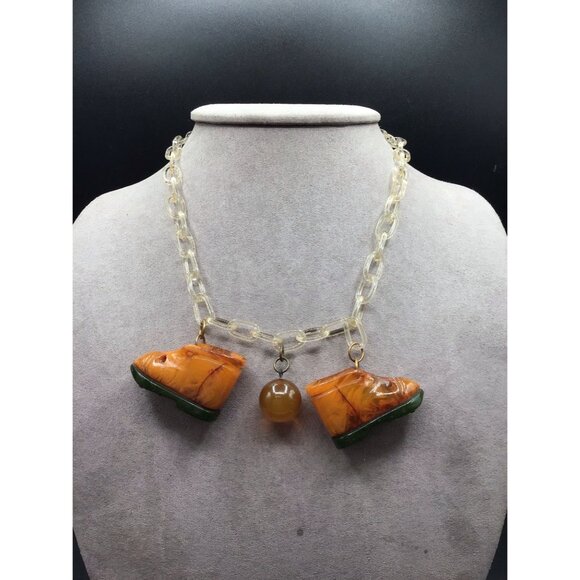 Vintage Bakelite Shoes Charms Necklace Celluloid Chain Link with Shoes and Ball - Picture 2 of 7